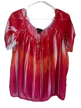 Y2K AB Studio Womens Semi Sheer Blouse Top Sz L Orange Red Stripe Boho Peasant